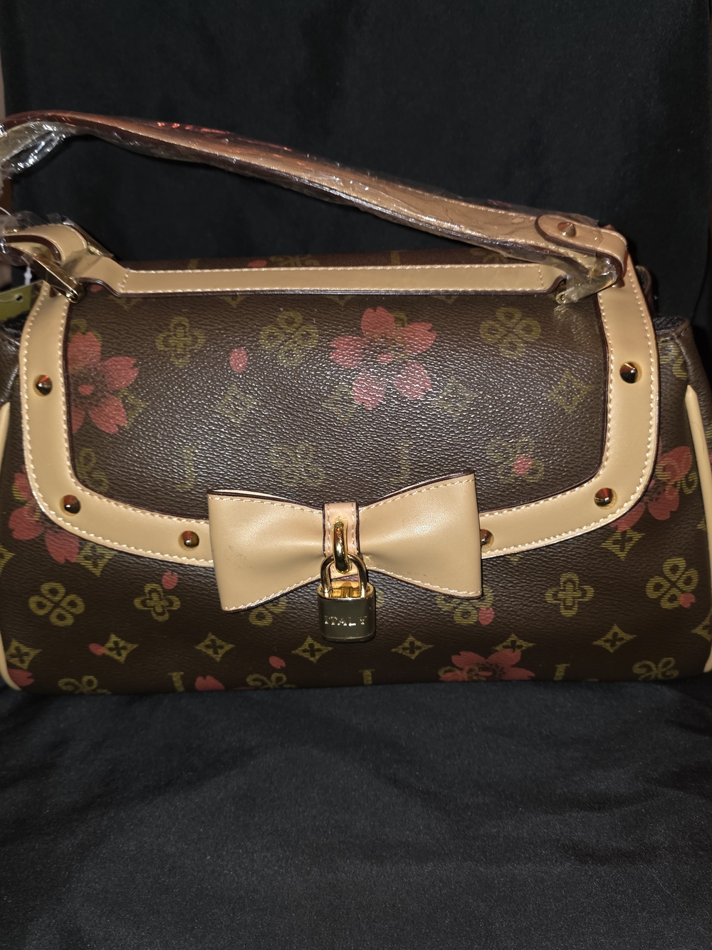 Brown Floral Canvas Shoulder Bag with Cream Bow Accent